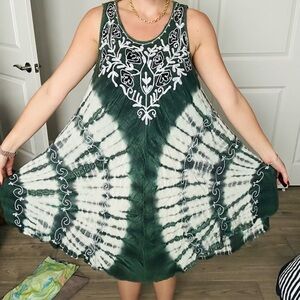 Embroidered Green and White Midi Dress